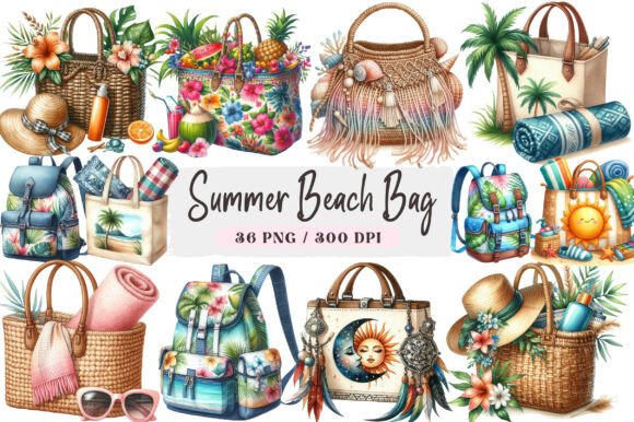 Download Summer Beach Bag Clipart Bundle - Beach bag clipart Collection